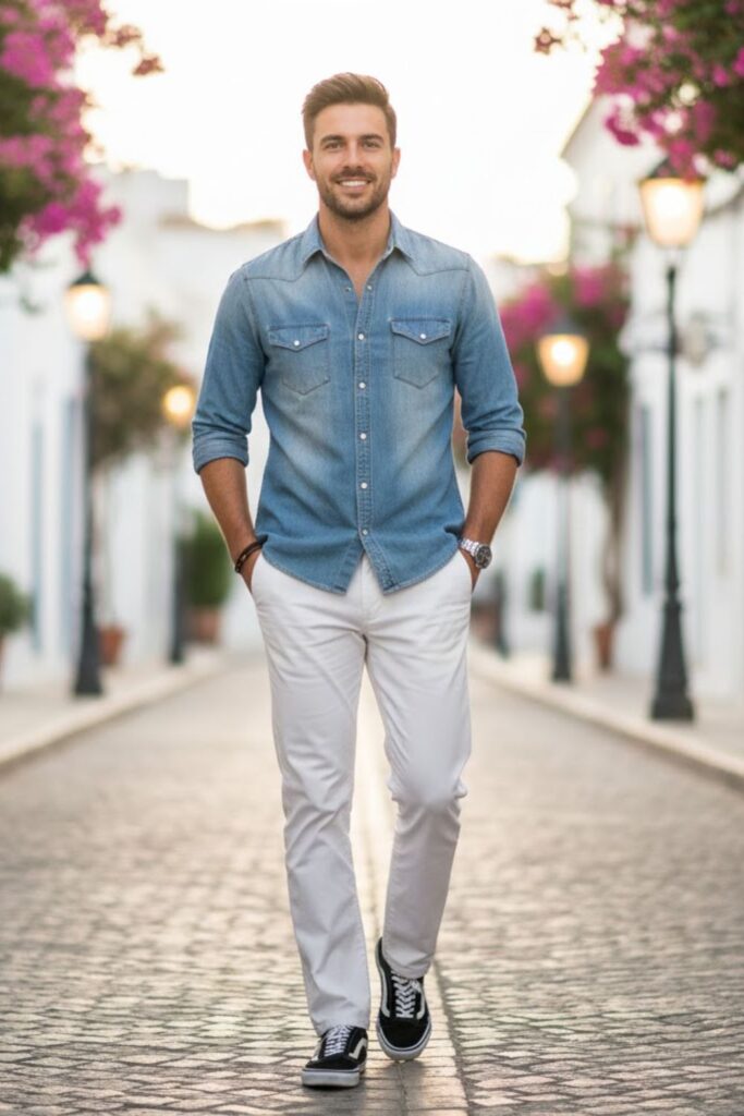 12. Vans with White Pants and a Denim Shirt