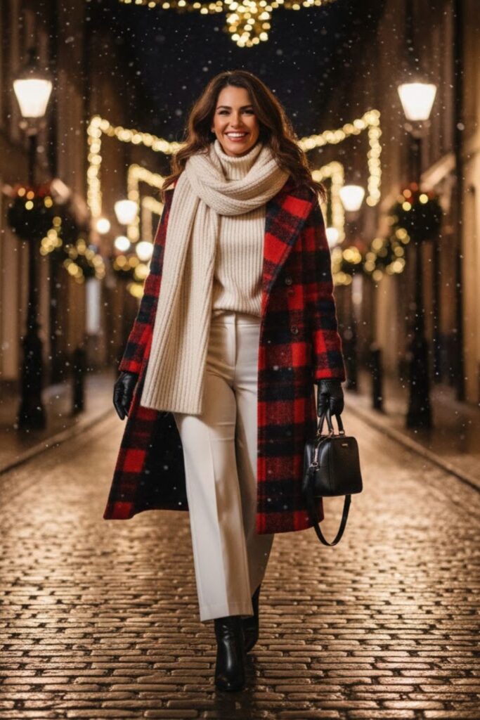 12. White Wide-Leg Pants with Plaid Coat and Knit Scarf