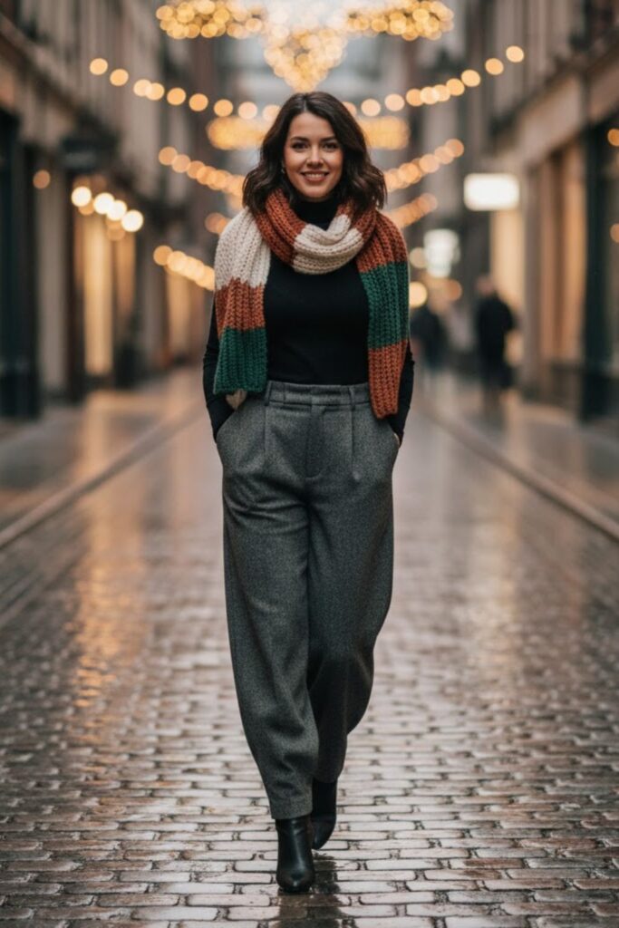 12. Wide-Leg Pants with Knit Top and Scarf
