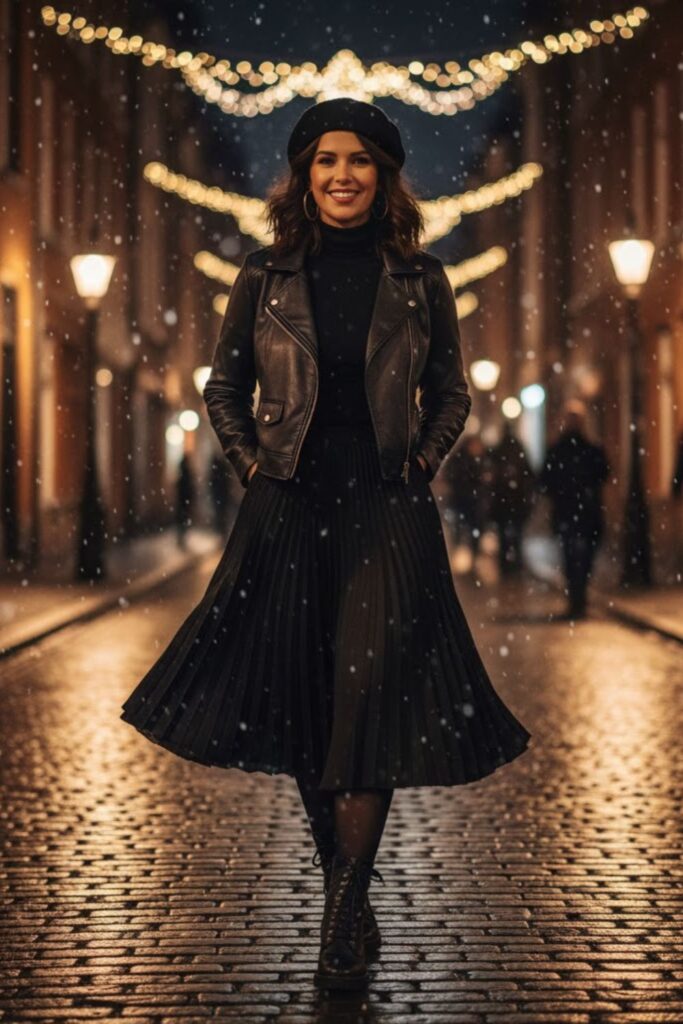 2. Leather Jacket and Pleated Black Skirt