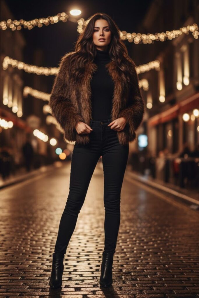 13. Black Jeans with Faux Fur Jacket and Heeled Boots
