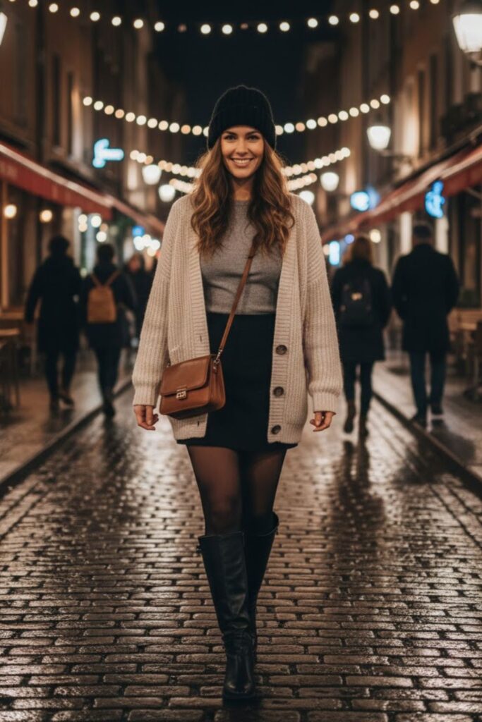 13. Black Mini Skirt with Layered Cardigan and Boots