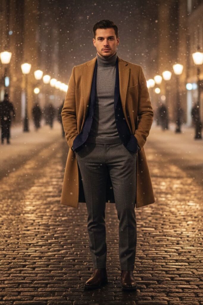 13. Blazer with Turtleneck and Overcoat