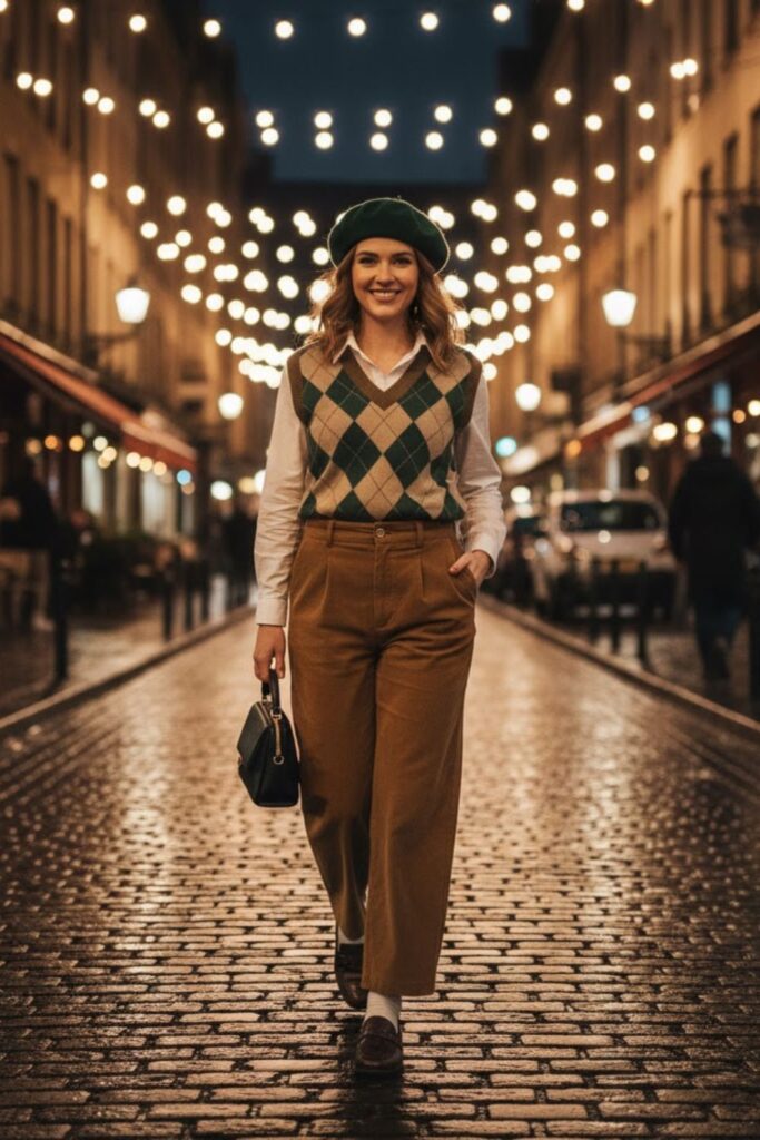 13. Brown Corduroy Pants with a Sweater Vest and Collared Shirt