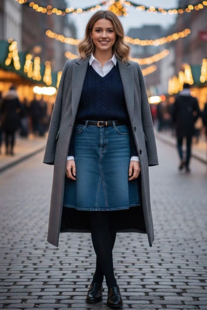 13. Button-Down Shirt with Denim Skirt and Sweater Layer