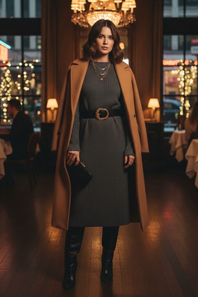 13. Chunky Knit Dress with Belted Coat