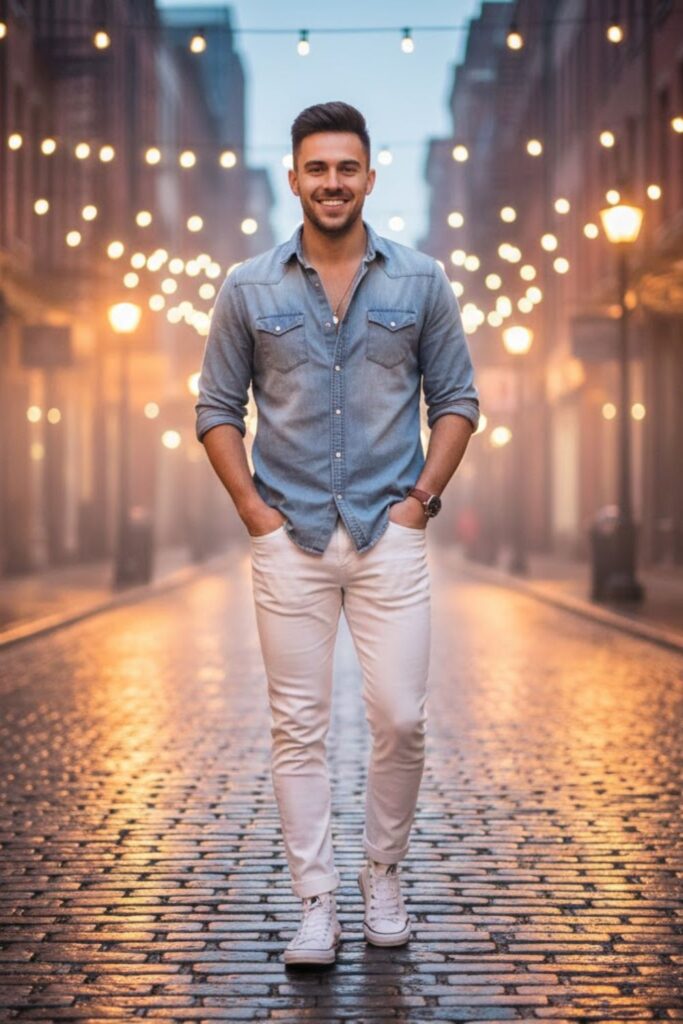 13. Converse with Denim Shirt and White Jeans