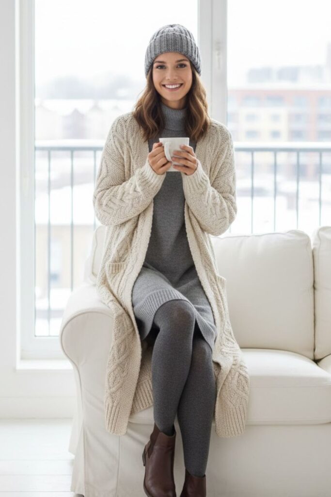 13. Grey Knit Dress with Long Cardigan and Beanie