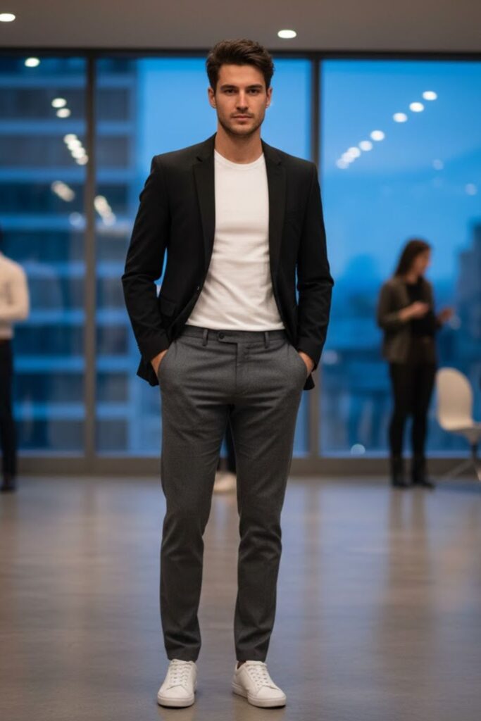 13. Grey Pants with Black Blazer and White Tee