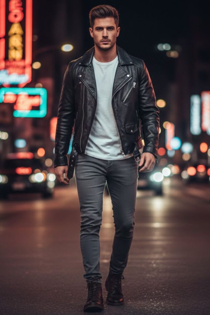 13. Grey Trousers with Black Leather Jacket