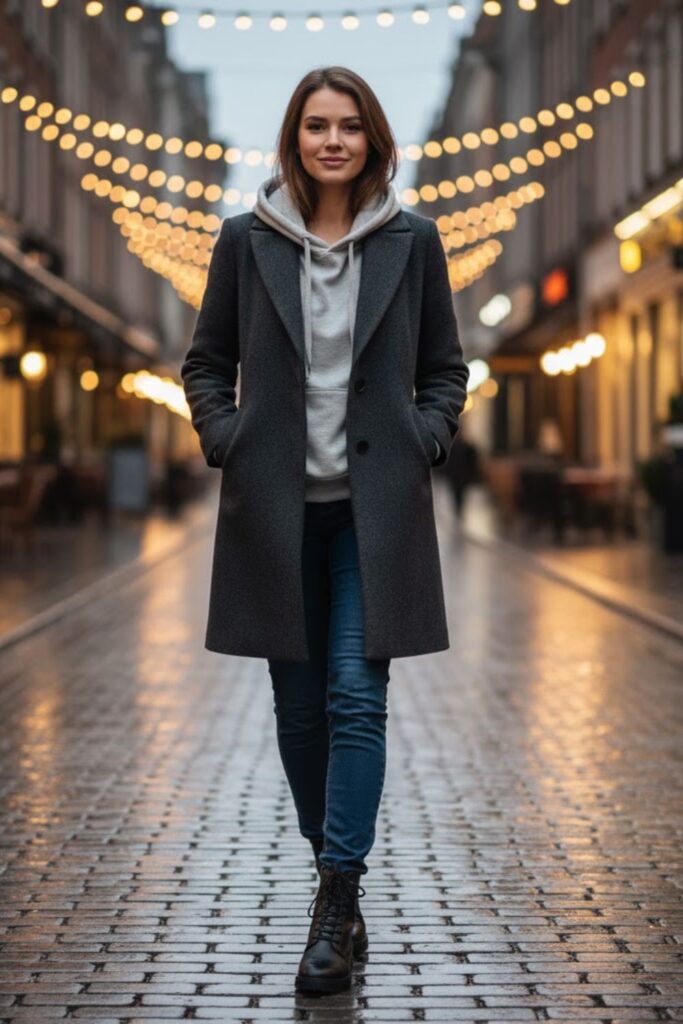13. Layered Hoodie with Coat and Jeans