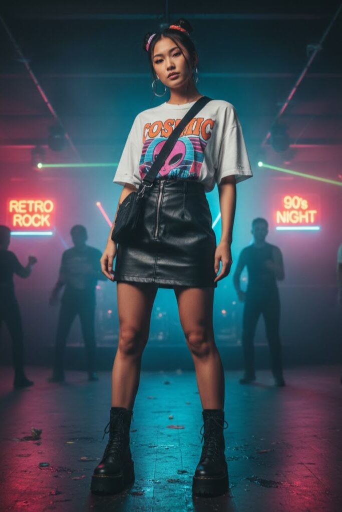 13. Leather Mini Skirt with Graphic Tee