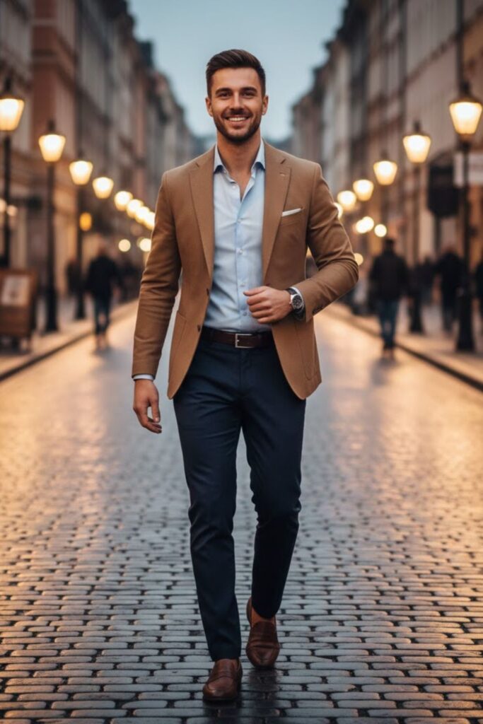 13. Light Blue Shirt with a Tan Blazer