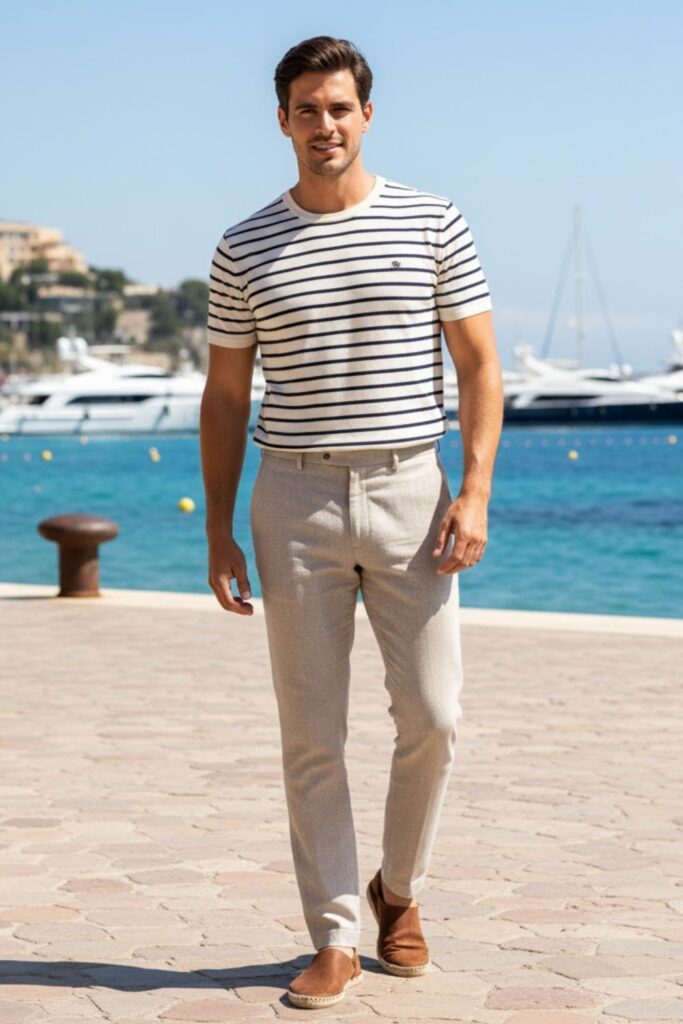 13. Linen Trousers with Striped Tee and Espadrilles
