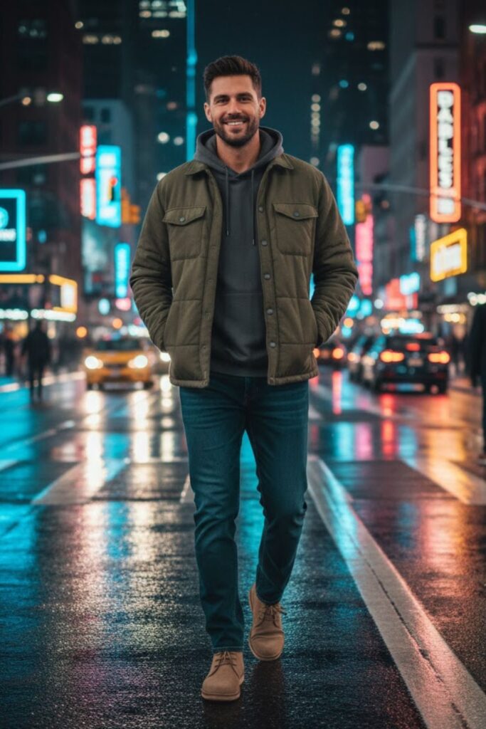 13. Padded Overshirt with Hoodie and Straight Jeans