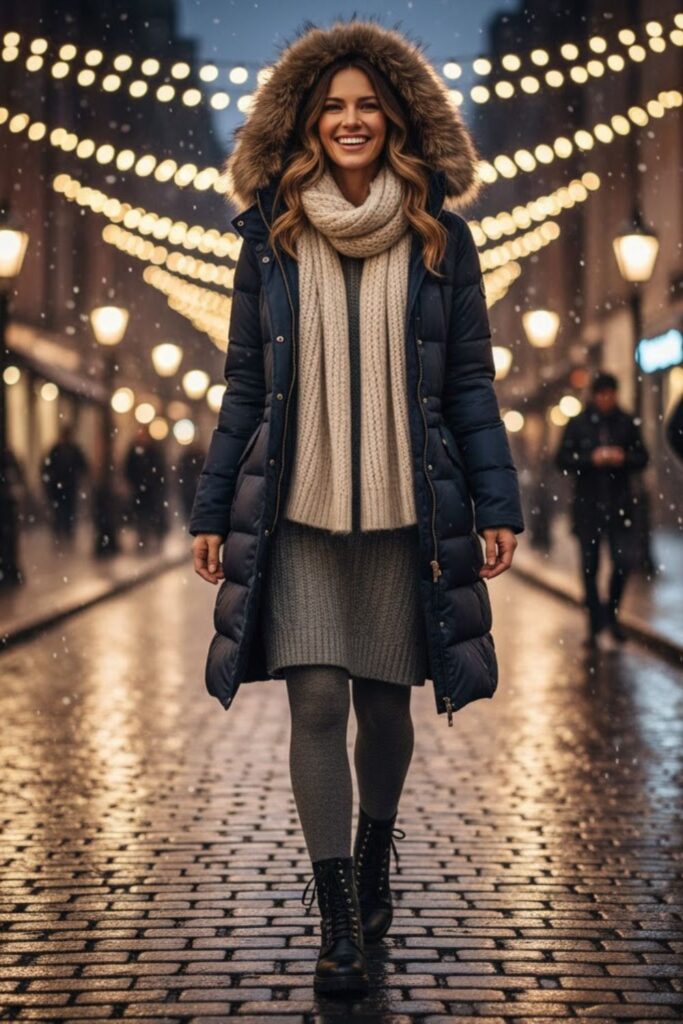 13. Parka with Knit Dress and Thermal Tights