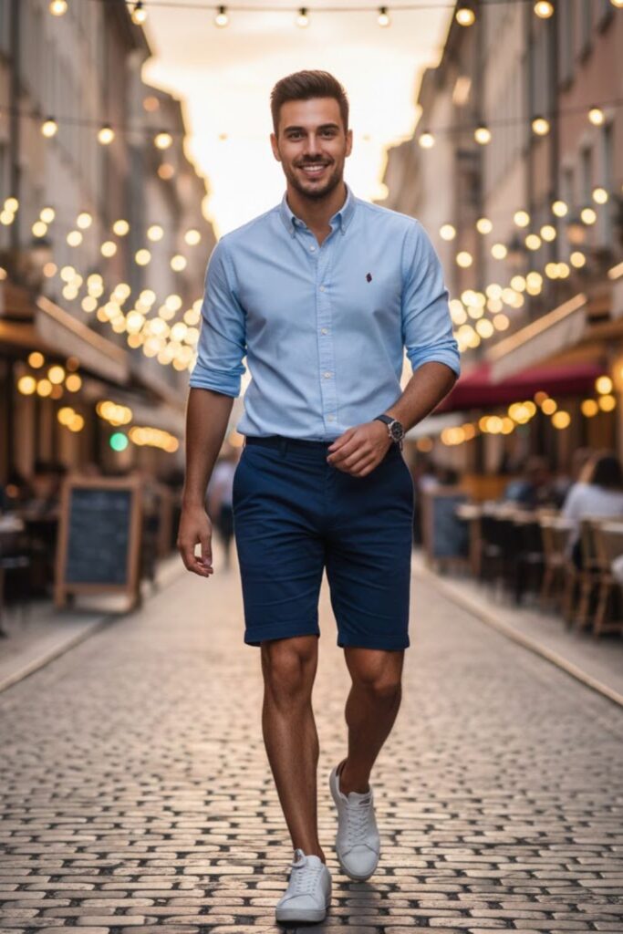 13. Pastel Oxford Shirt with Navy Shorts