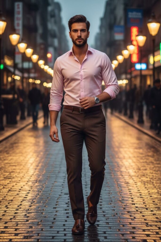 13. Pink Shirt with Brown Pants