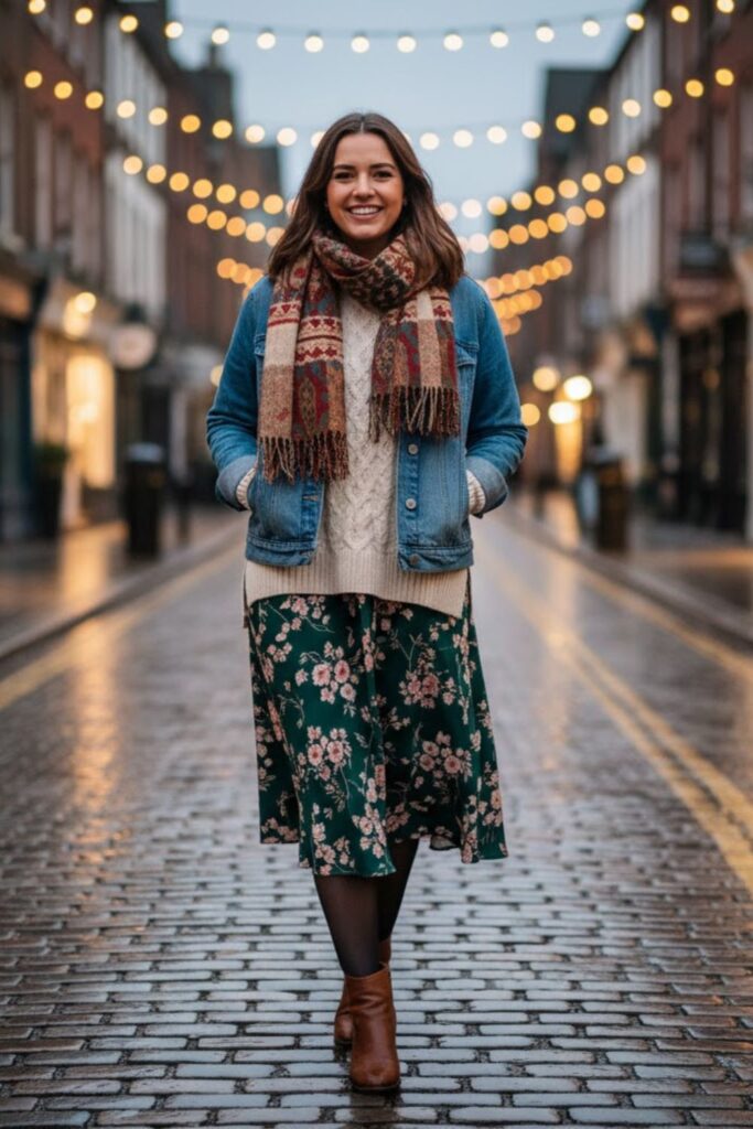 13. Printed Midi Skirt with Denim Jacket