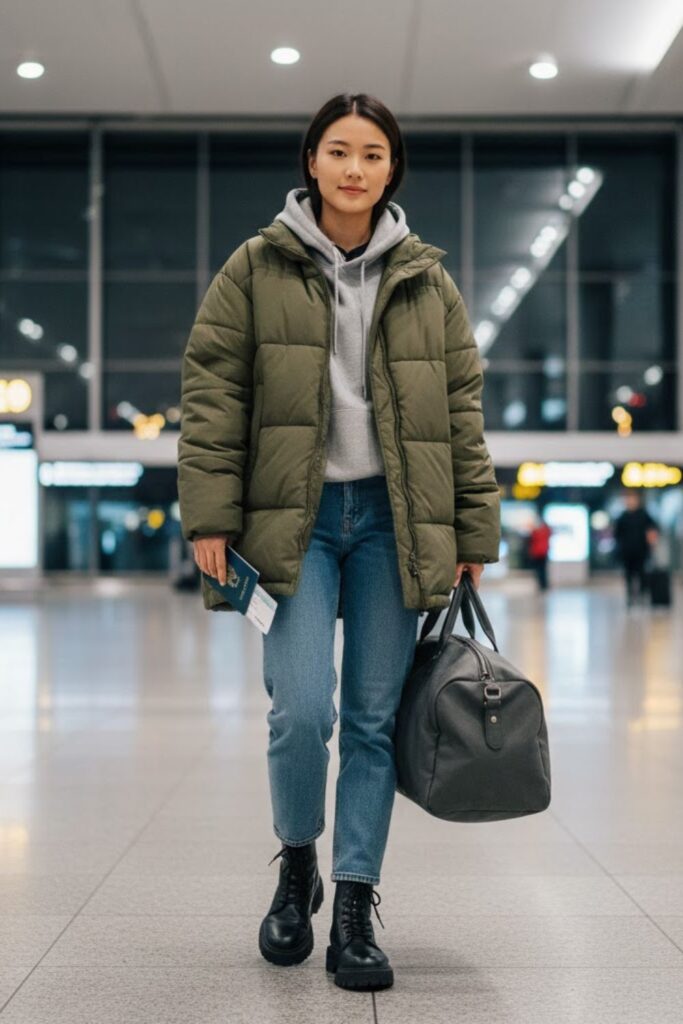 13. Puffer Coat with Sweatshirt and Jeans