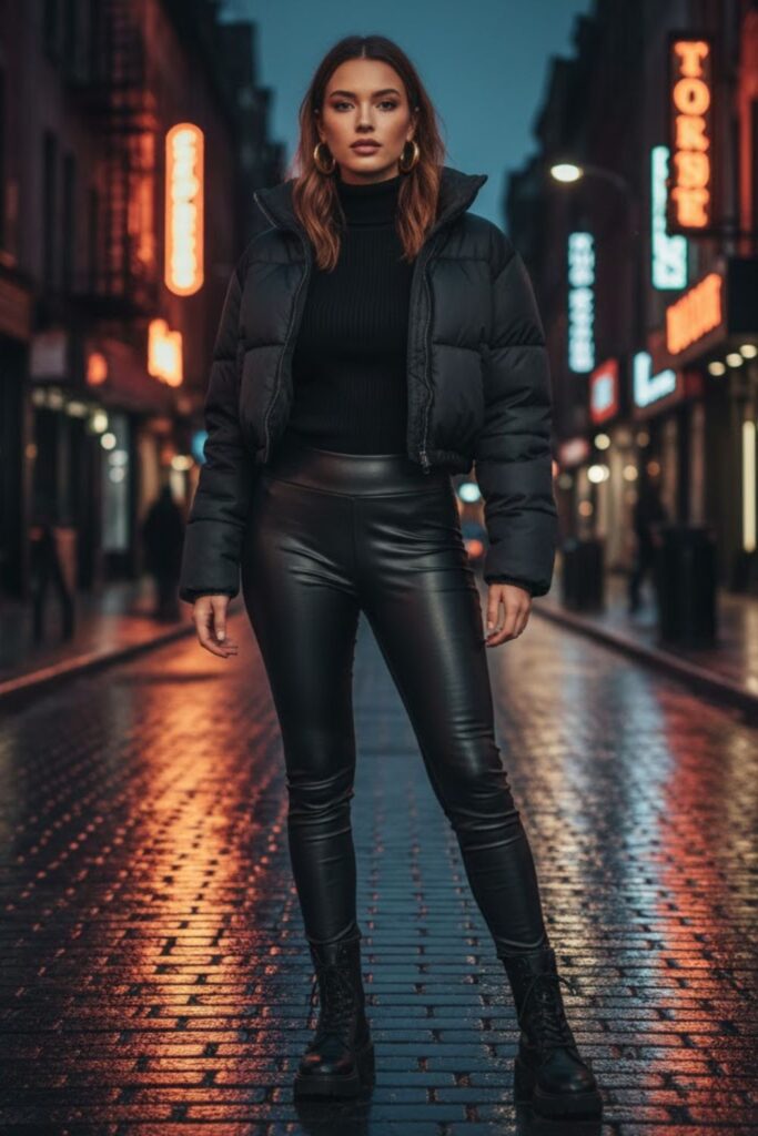 13. Puffer Jacket with Leather Leggings