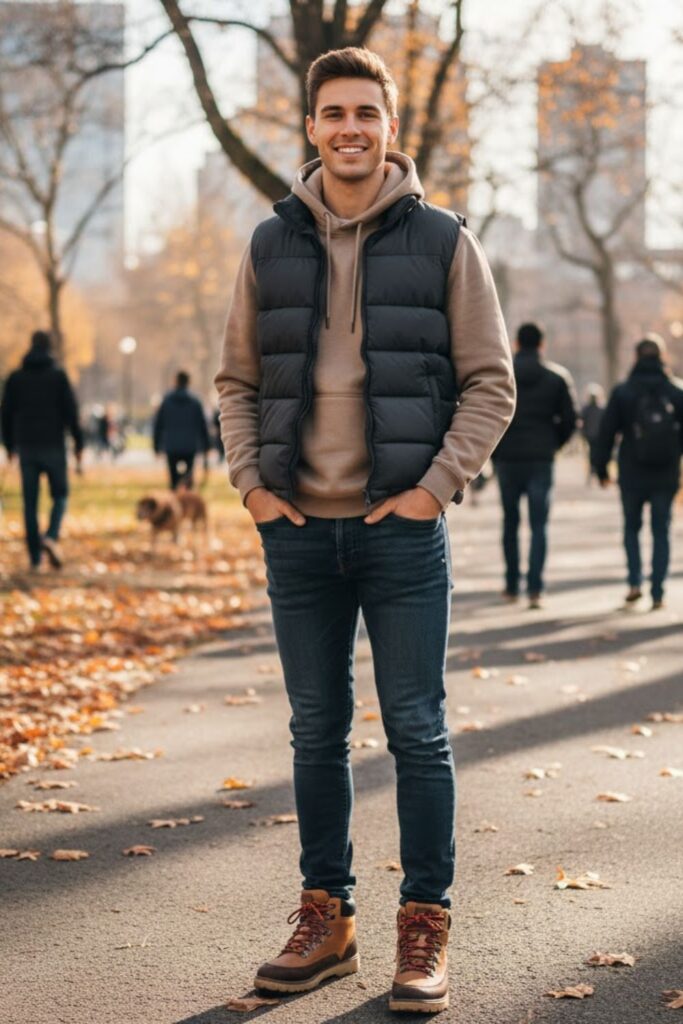 13. Puffer Vest with Hoodie and Jeans