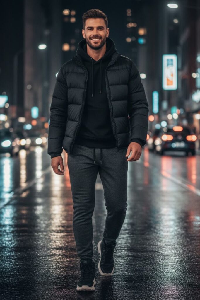 13. Sweatpants with a Puffer Jacket