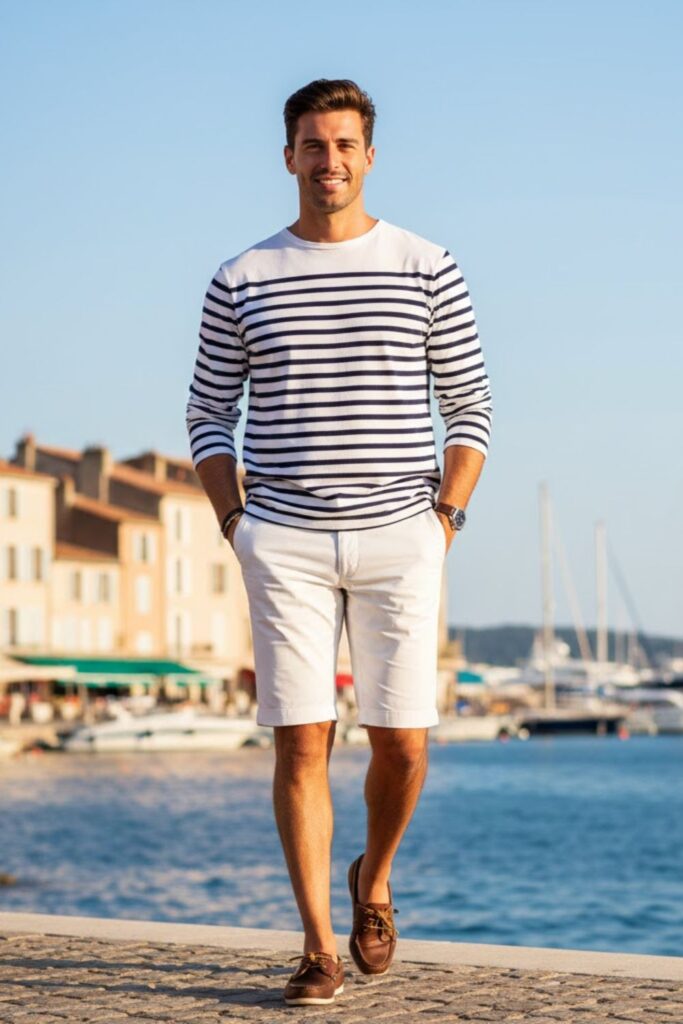 13. The Breton Striped Shirt and White Shorts