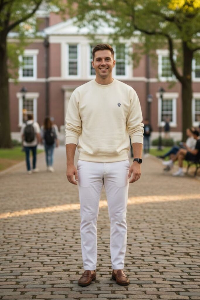 13. The College Crew Sweatshirt and White Pants