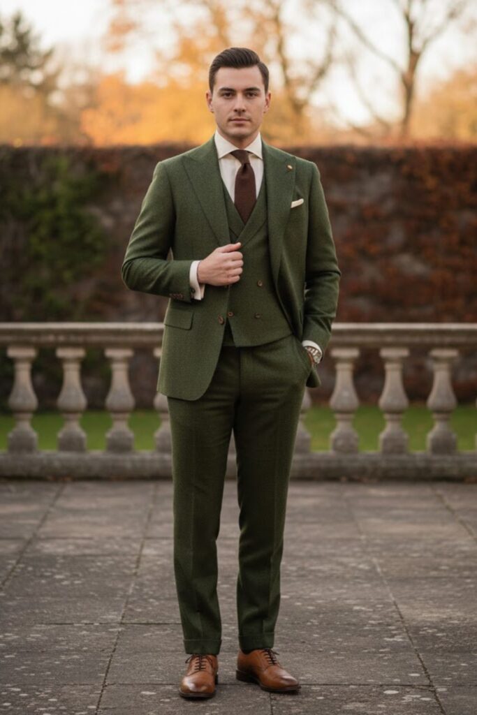 13. The Olive Green Suit with Neutral Tones