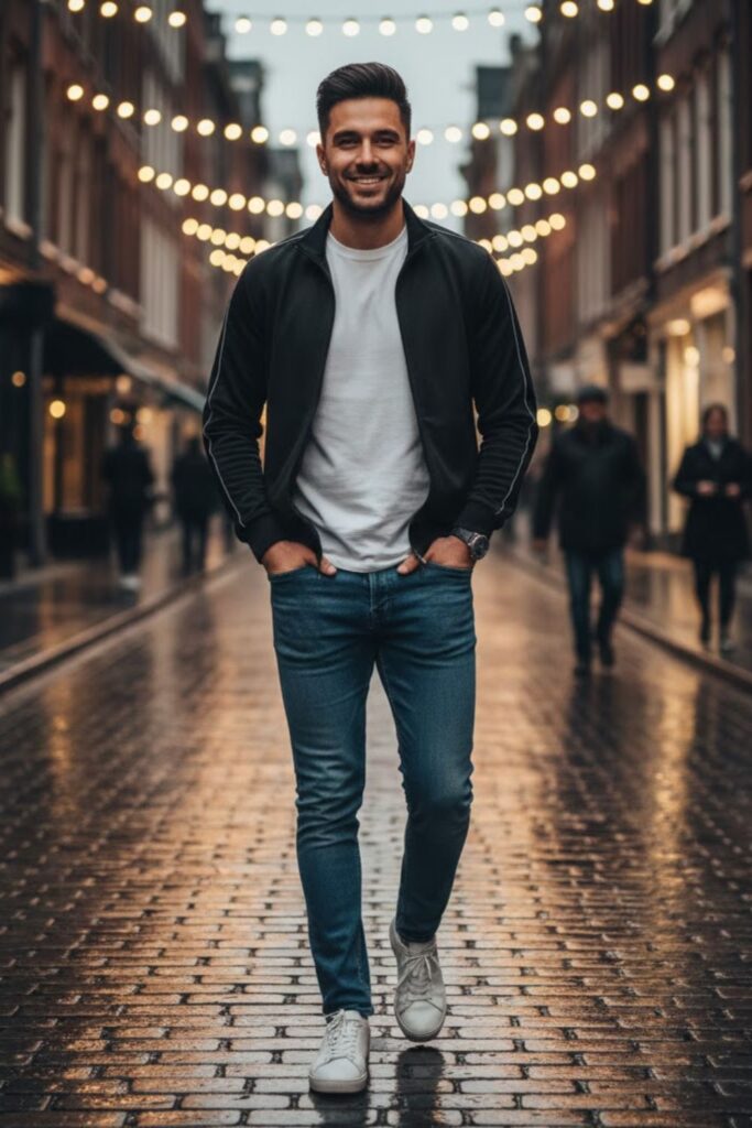 13. Track Jacket with Jeans and Trainers