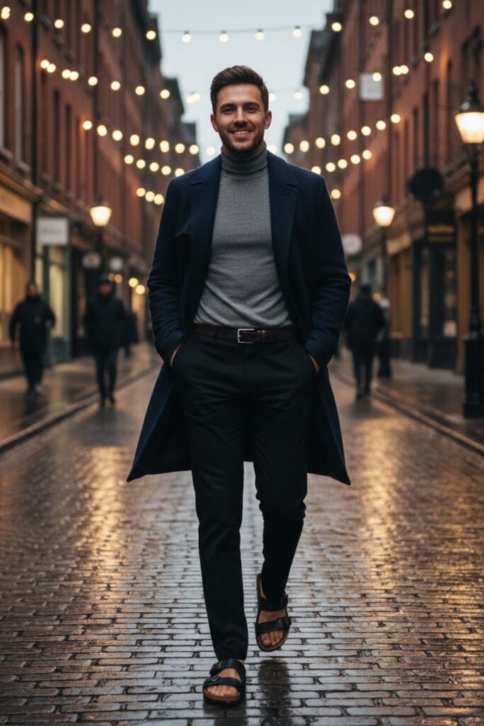 13. Turtleneck Sweater, Wool Pants, and Black Birkenstocks