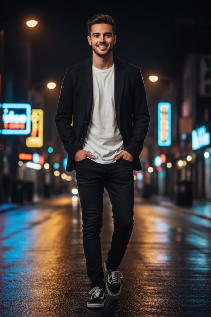 13. Vans with a Blazer and Black Jeans