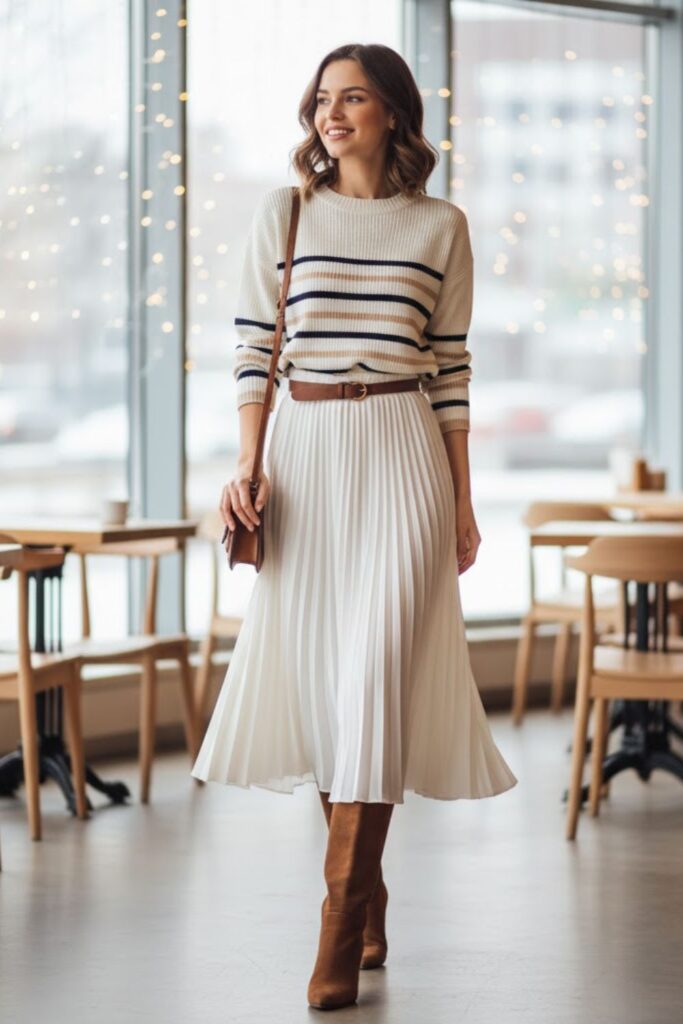 13. White Midi Skirt with Striped Sweater