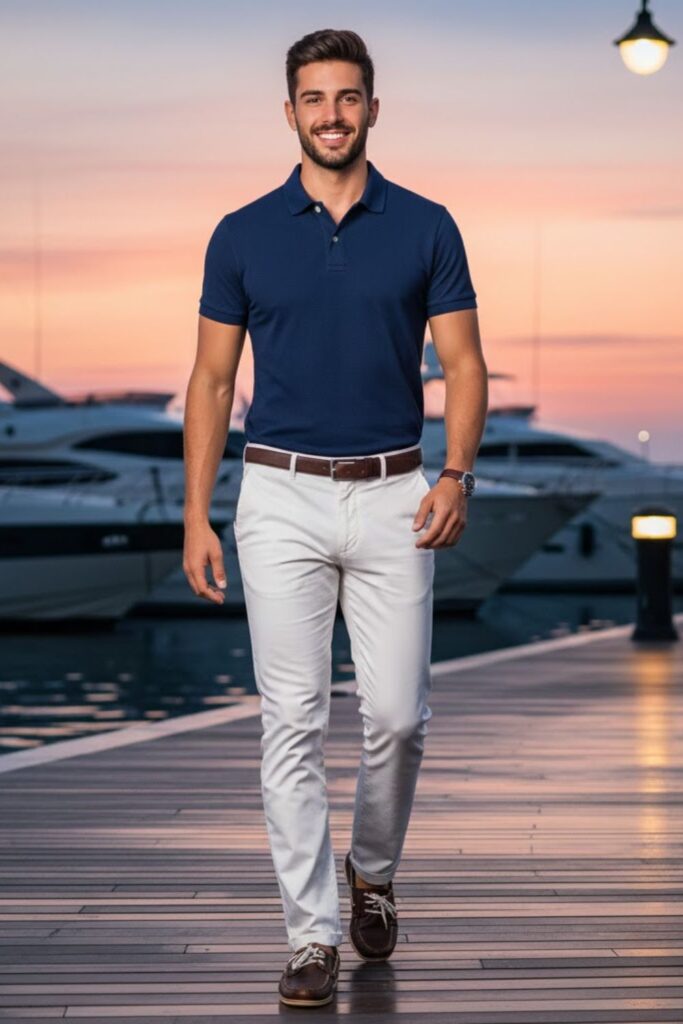 13. White Pants with Navy Polo Shirt
