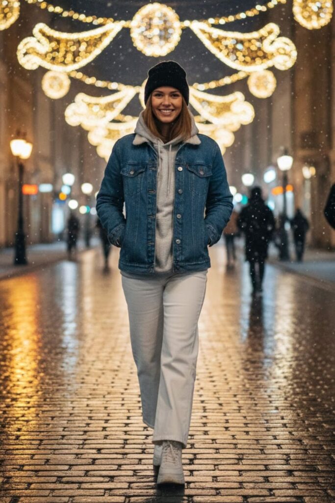 13. White Wide-Leg Pants with Denim Jacket and Hoodie