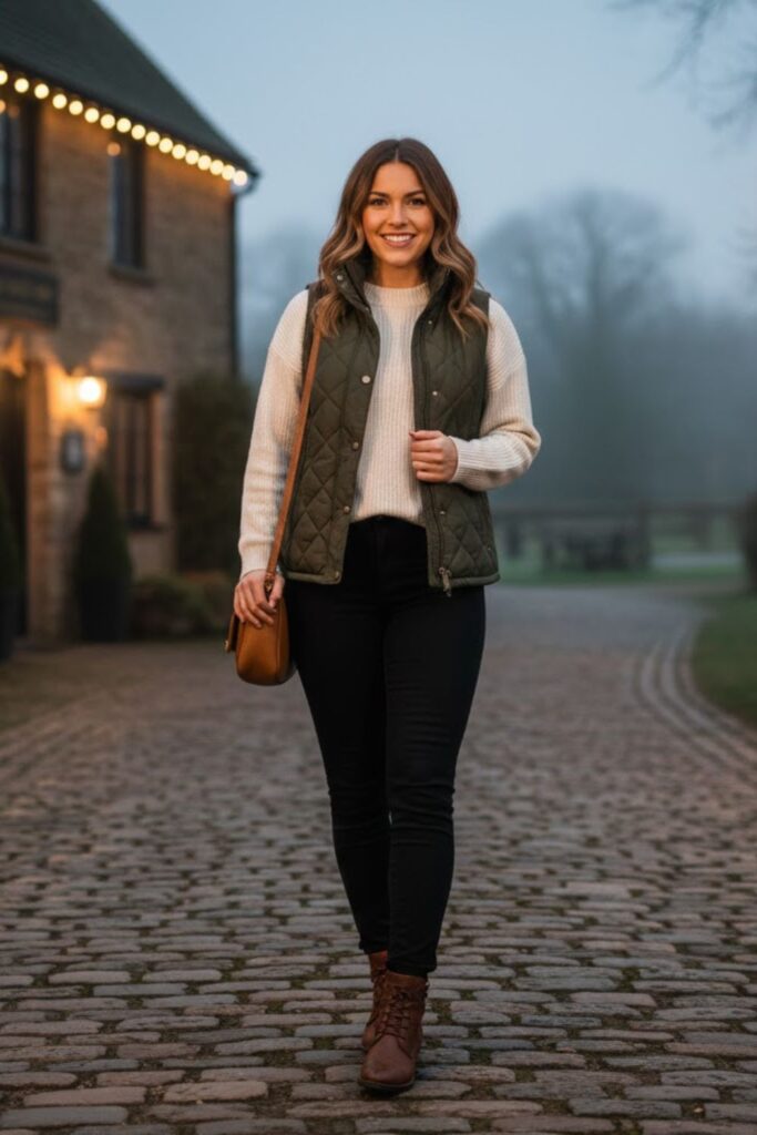 14. Black Jeans with Quilted Vest and Sweater