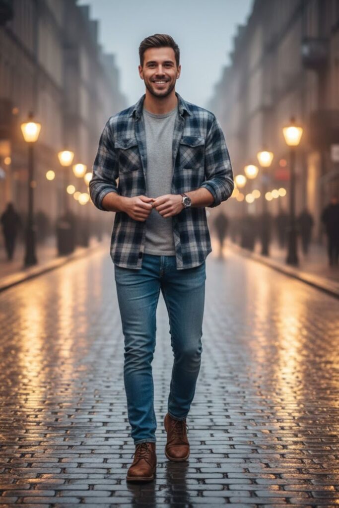 14. Blue Checked Shirt with Denim Jeans