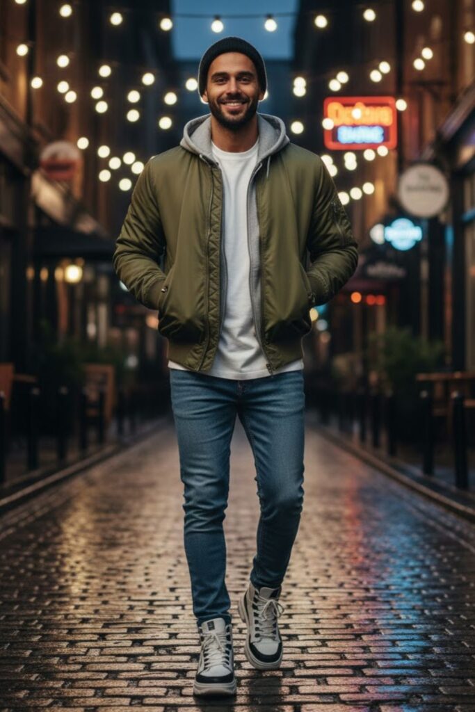 14. Blue Jeans with Bomber Jacket
