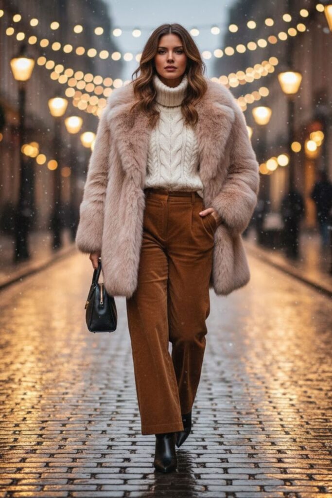14. Brown Corduroy Pants with an Oversized Knit and Faux Fur Coat