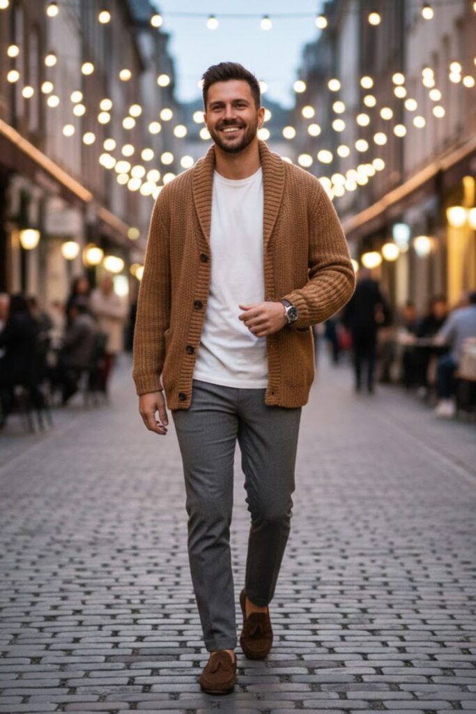 14. Camel Cardigan with White Tee and Grey Pants