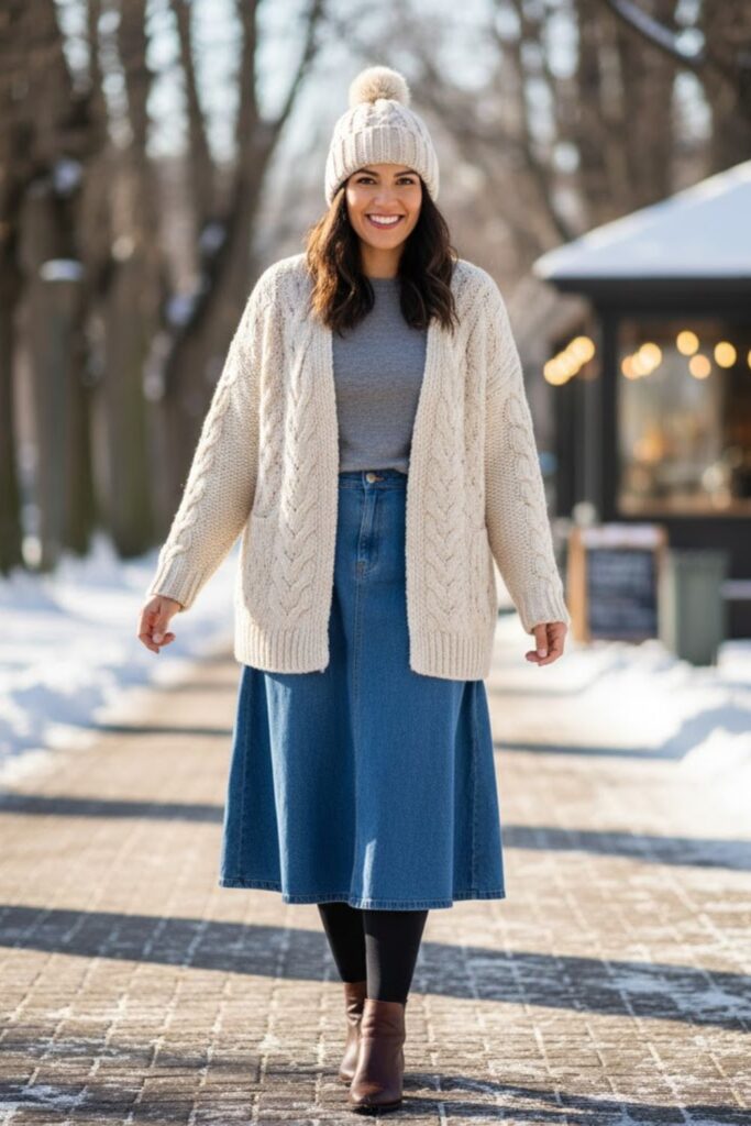 14. Denim Skirt with Cable Knit Cardigan
