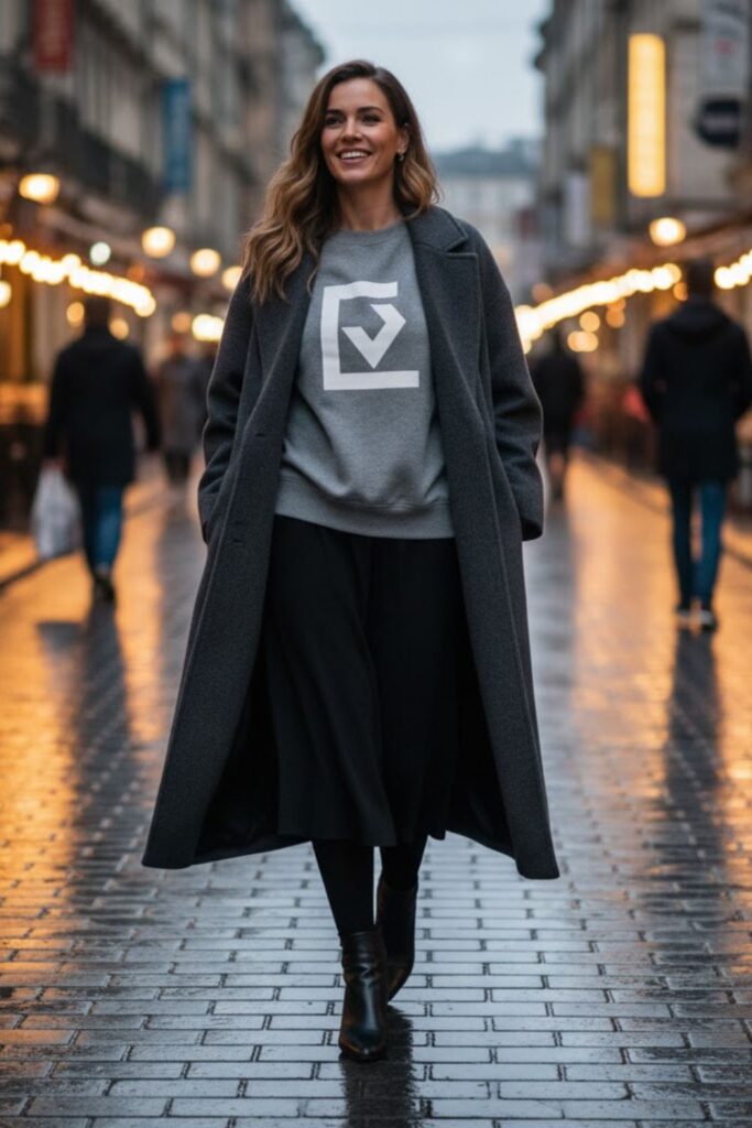 14. Graphic Sweatshirt and Black Midi Skirt