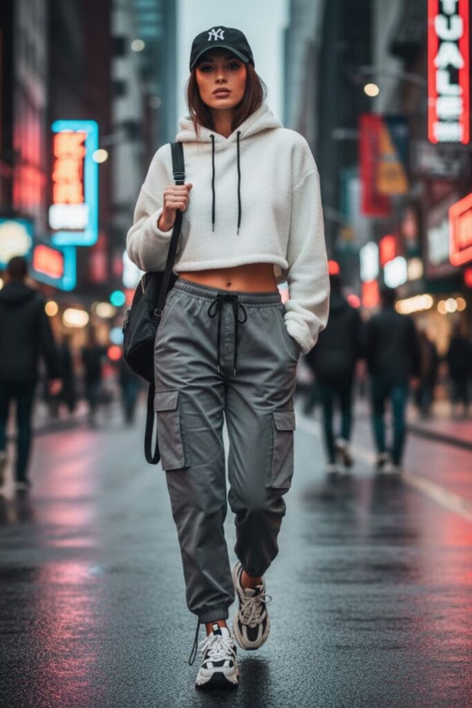 14. Grey Cargo Pants with Cropped Sweatshirt