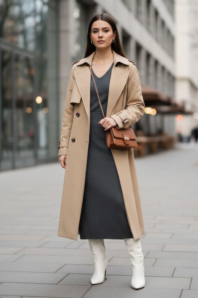 14. Grey Midi Dress with Trench Coat and White Boots