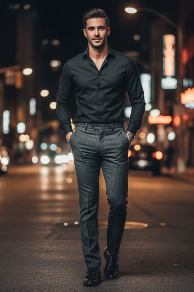 14. Grey Pinstripe Pants with Black Shirt