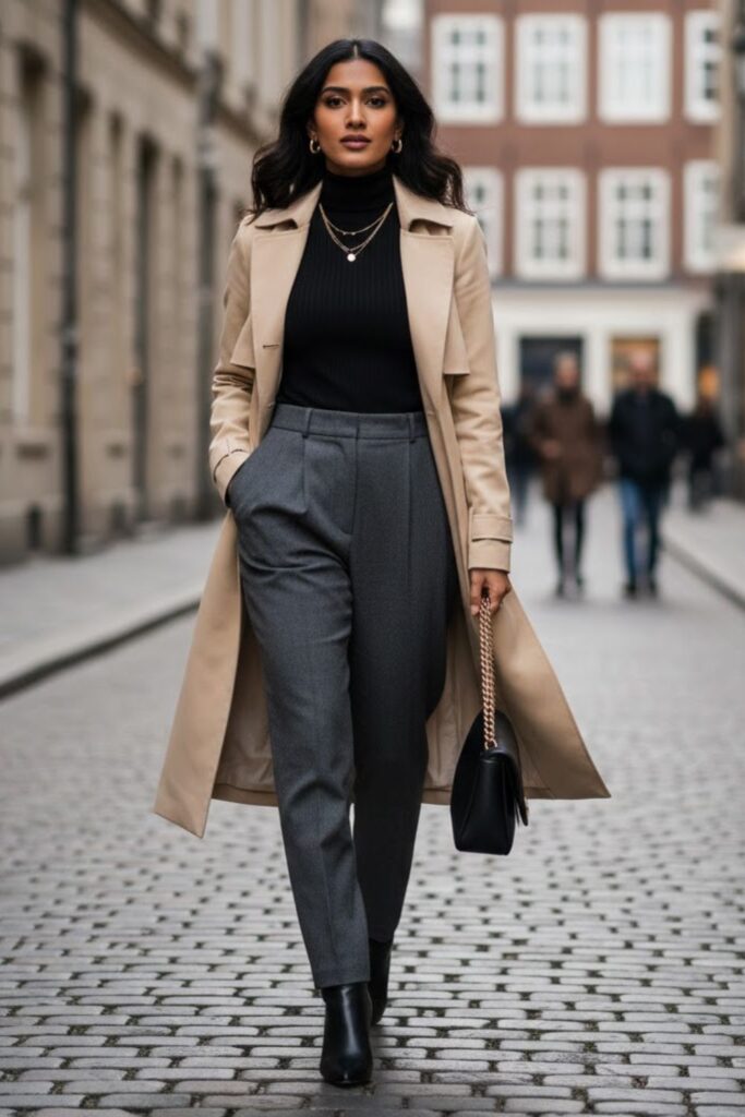 14. Grey Pleated Pants with Trench Coat