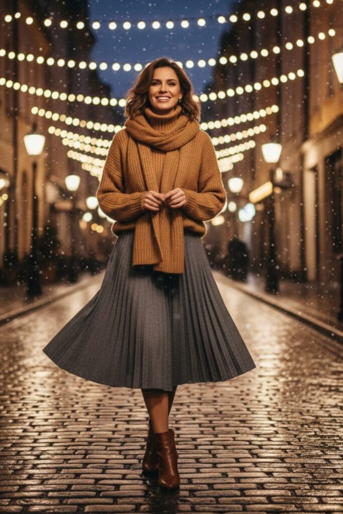 14. Grey Pleated Skirt with Camel Sweater and Scarf