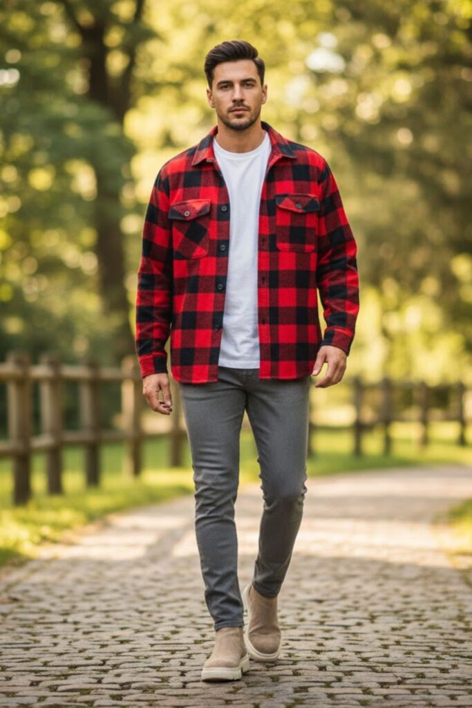 14. Grey Trousers with Plaid Overshirt