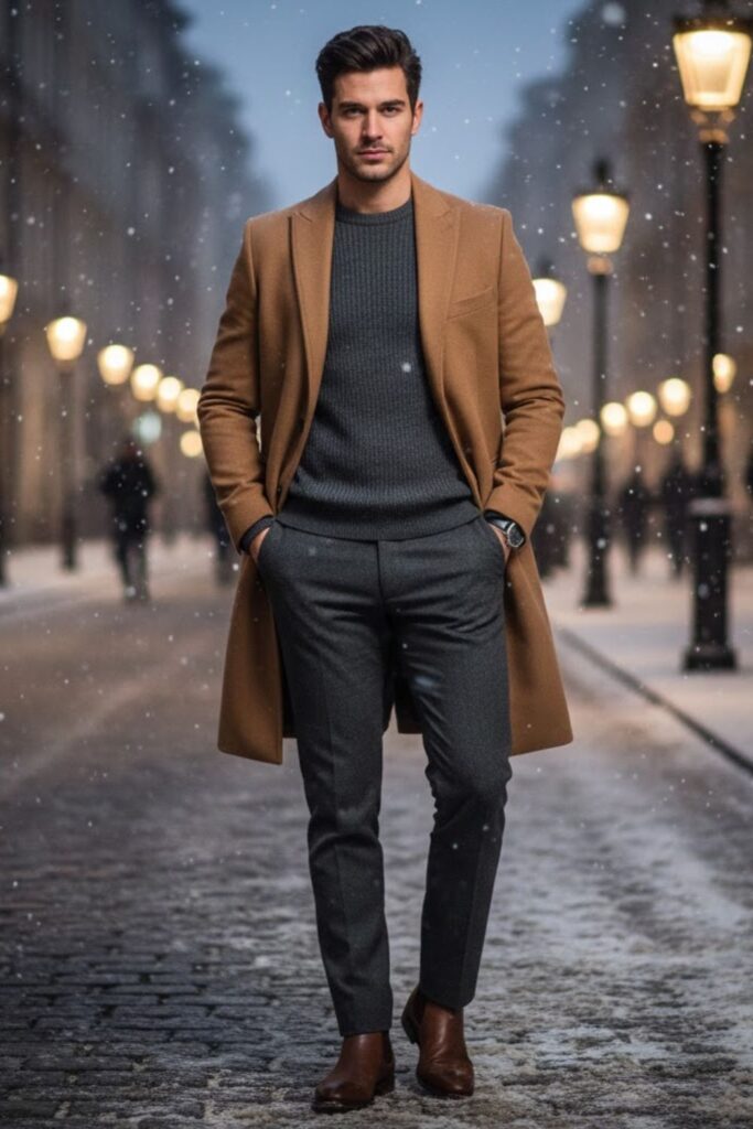 14. Grey Trousers with Sweater and Overcoat